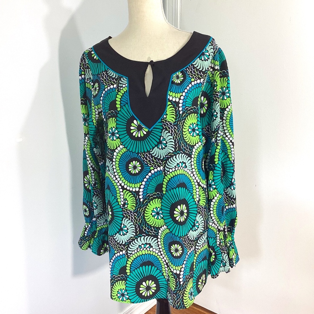 VTG BOB MACKIE WEARABLE ART SZ MEDIUM FLORAL GREEN TUNIC 100% SILK
